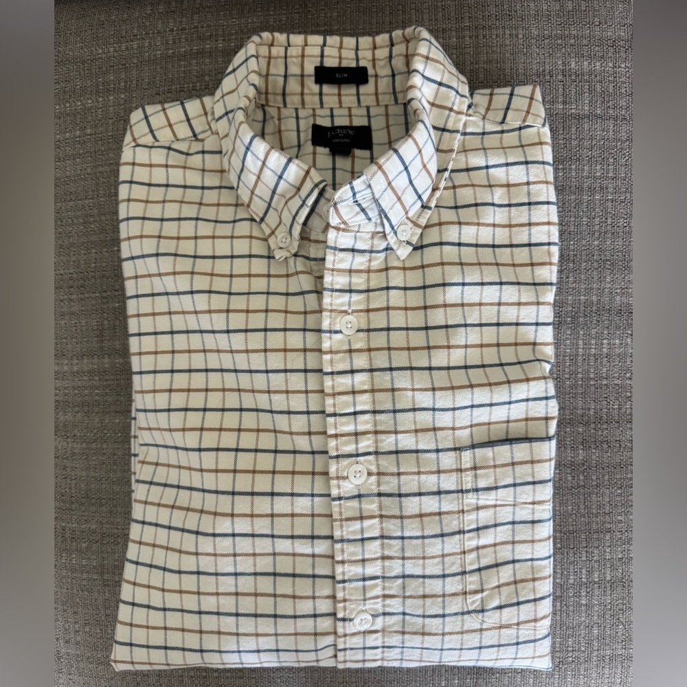 J. Crew Mens Oxford Button-Down Plaid Shirt in Cream with Blue & Brown Checks